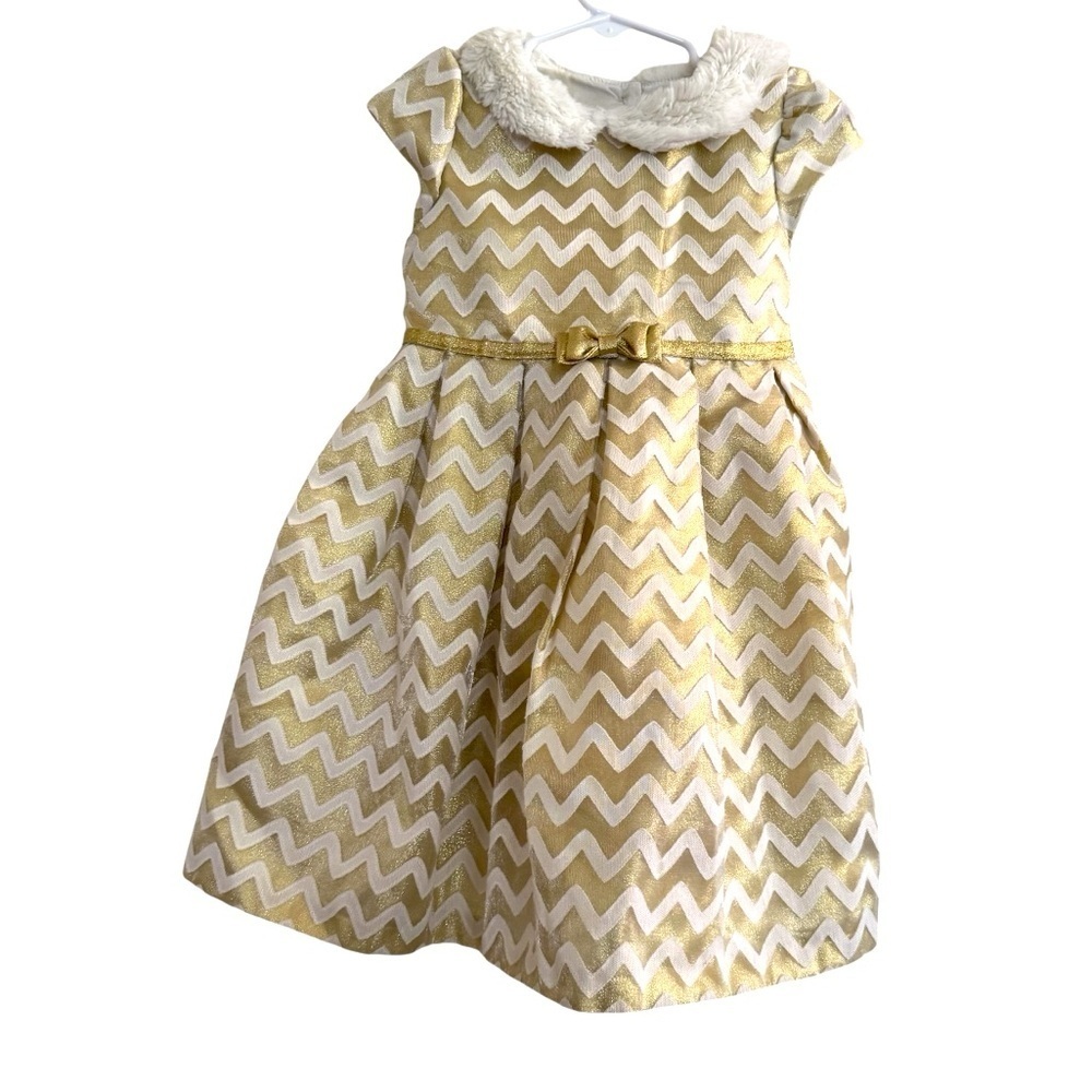 Jona Michelle Gold Holiday Dress Toddler Girls 4T Short Sleeve Faux Fur Collar